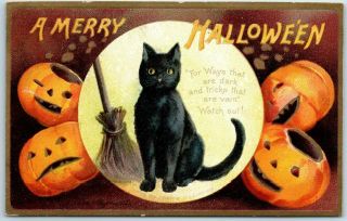Vintage " Merry Halloween " Postcard Black Cat Broom Jols S.  Garre 1909