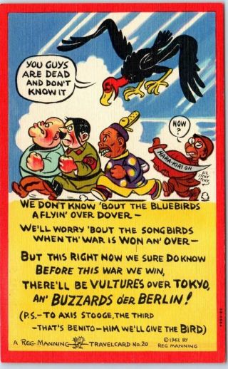 Wwii 1940s Reg Manning Artist - Signed Linen Postcard Anti - Axis Japanese Racial 20