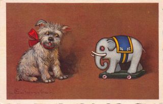 Colombo Artwork Postcard White Dog Wearing Red Bow Wooden Elephant Toy 112908