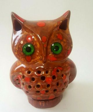 Rare Vintage Ceramic Spotted Owl Night Light With Green Eyes