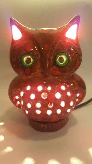 Rare Vintage Ceramic Spotted Owl Night Light With Green eyes 7