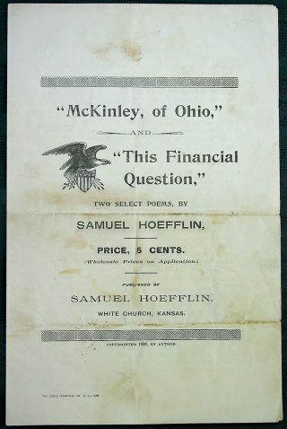 " Mckinley Of Ohio " Orig 1896 Presidential Campaign Poems By Kansas Man
