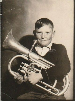 Portrait Of A Boy And His Horn Found Music Photo Bw Vintage 98 8 C