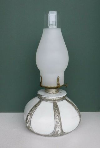 Vintage Milk Glass Paneled Oil Lamp Base,  No.  2 Queen Anne Burner,  Chimney
