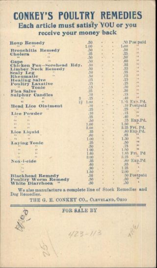 Agriculture Chicken Conkey ' s Poultry Remedy Price Chart on Back Card/PC c1910 2