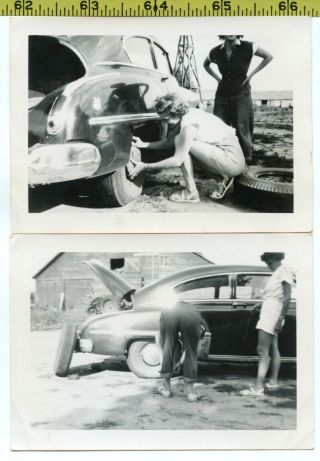 (2) Vintage 1953 Car & Auto Photos / Women Change Tire - Rare Butt Eclipse View