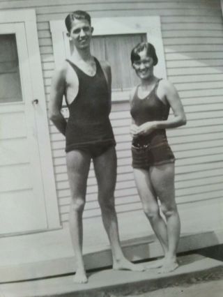 Vintage Black & White Photograph - Boy & Girl In Swimsuits - 2 1/2 " X 4 " Photo
