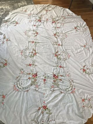 Vtg Farmhouse Orange Roses Stitched Embroidered Tablecloth Floral Lace Inserts
