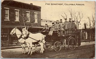 Columbus,  Kansas Postcard Fire Department Horse - Drawn Fire Engine 1913 Cancel