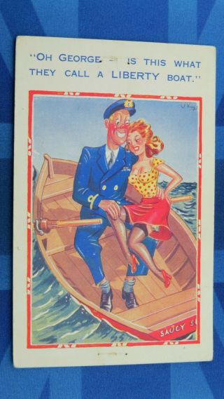 Risque Ww2 Comic Postcard 1940s Nylons Stockings Big Boobs Liberty Boat Rowing