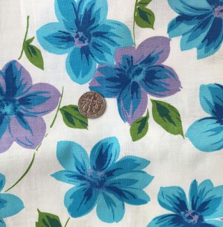 Vintage Blue And Lavender Flowers - 1960’s Light Cotton Fabric - 4,  Yards 38w