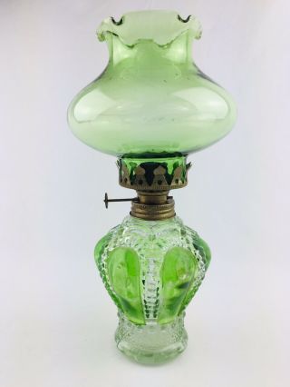 Antique 10 " Green Glass Oil Lamp Hong Kong
