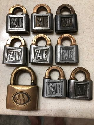 8 Vintage Old Yale Cast & Bronze Locks & 1 Old Brass Corbin Lock No Keys