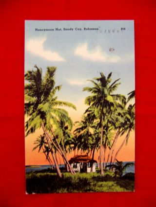Nassau Bahamas 1951 (p) Vintage Linen Postcard - - " Honeymoon Hut,  Sandy Cay " Beach