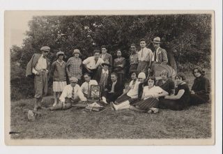 People On Picnic With Old Decca Portable Music Gramophone 1920s Photo Rppc 49470