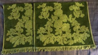 Vintage 1965 Cannon Monticello Bath Towels Set (2) Green Avocado Floral Sculpted