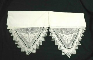 Pair Vintage White Cotton Pillow Cases With Ties & Hand Crocheted Lace Butterfly
