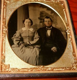 Antique 1/6th Plate Ambrotype Photo In Half Case Man & Woman