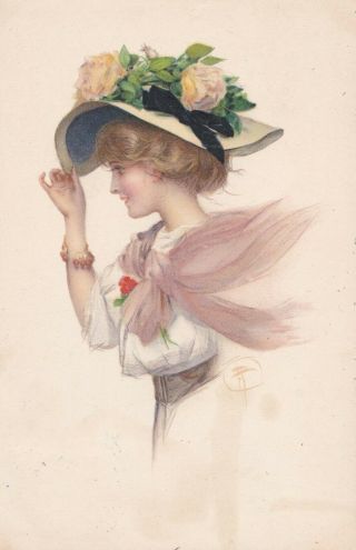 Ft.  Elegant Lady Holds Brim Of Her Hat.  M.  Munk