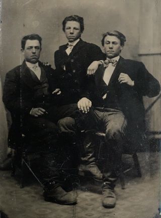 Antique American Three Handsome Young Men School Boys Seated Tintype Photo