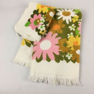 Vtg Fieldcrest 23 " Hand Towel & Washcloth Set Flower Power Retro 60s 70s Floral