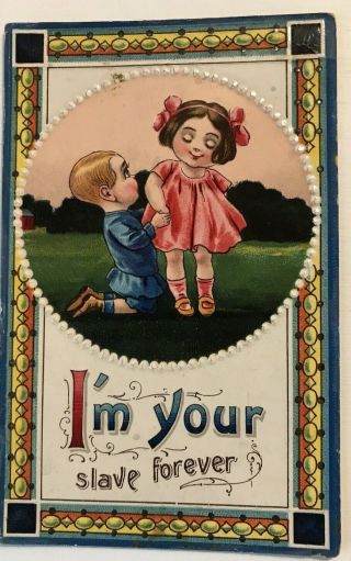 Cute Antique Romantic Postcard Boy On Bended Knee With Girl - - C317