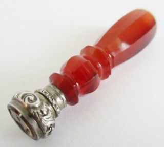 Lovely Antique Amber /silver Handled Seal With Citrine Intaglio Bird & Cage Seal