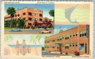 Miami Beach,  Florida Postcard Anglers Hotel / Luxton Apartments Linen C1940s