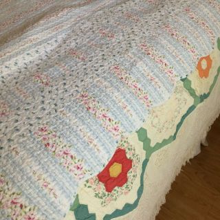 SHABBY CHIC quilt cotton pink blue roses scallops 82x65 
