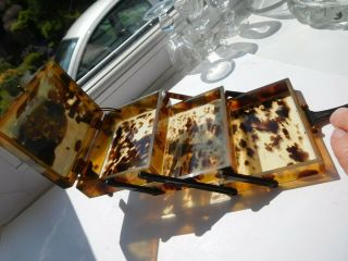 Faux Eastern tortoise shell trinket box with dragon on lid with handle 3 drawers 4