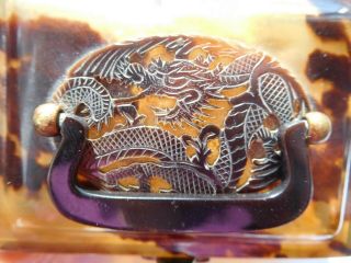 Faux Eastern tortoise shell trinket box with dragon on lid with handle 3 drawers 6