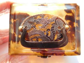 Faux Eastern tortoise shell trinket box with dragon on lid with handle 3 drawers 7