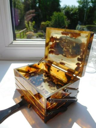 Faux Eastern tortoise shell trinket box with dragon on lid with handle 3 drawers 8