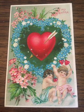 Vintage Embossed Valentines Day Postcard Cupid Arrow Through Heart German Flower