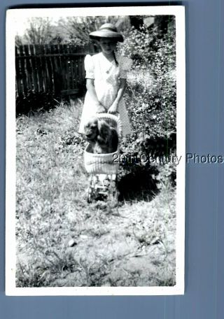 Black & White Photo A_3344 Girl In Dress And Hat Posed With Dog In Carraige