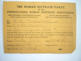 Votes For Women Suffrage Party Membership Certificate Pennsylvania 1914