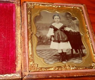 Antique 1/6th Plate Tintype Photo In Full Case Young Girl