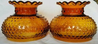 Vintage Amber Glass Hobnail Kerosene Hurricane Lamp Shades Pair 6 1/2 " Base
