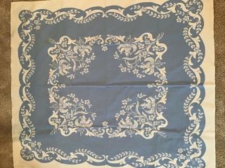 Vintage Blue Floral & White Cotton Fabric Tablecloth 48” X 54” & 6 Napkins