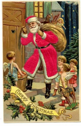 Christmas - Silk Santa Claus With Angels Children Sack Of Toys Postcard - K253
