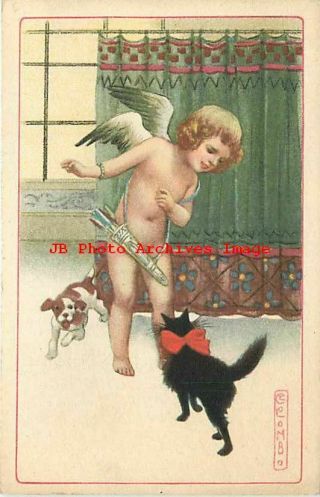 Colombo,  Urs No 924 - 4,  Cupid With Black Cat With Red Bowtie & Puppy