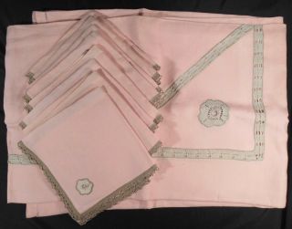 Vintage Pink Linen Tablecloth Hnd Done Italian Needle Lace 60 " X88 " W/8 - 23 " Naps