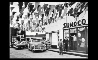 Vintage Sunoco Gas Station Photo Service Attendant Car Oil Cans