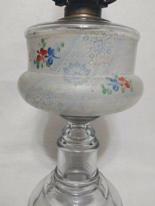 Vintage Antique 19th C.  Hand Painted Frosted Floral Oil Kerosene Glass Lamp LOOK 2