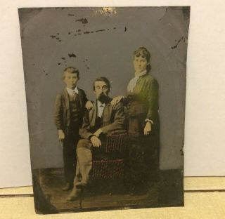 Antique 19th C.  Full Plate Tintype Photograph Family Portrait Hand Colored 7x9 "