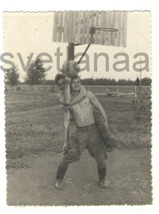Basketball Two Men Friends Soldiers Couple Guys Shirtless Hug Gay Vintage Photo
