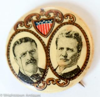 Antique Teddy Roosevelt Presidential Campaign Jugate Pinback Button