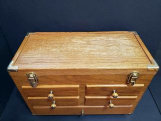 Vintage Oak Wooden Machinist Tool Chest Organizer Storage Box 5 Drawer