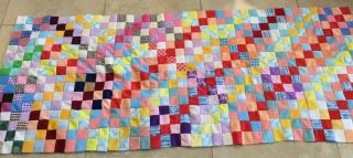 Vintage Patchwork Quilt Top,  Hand Made,  Four Patch,  Polyester Fabrics,  Multi