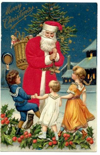 Christmas Postcard Silk Santa Claus With Happy Children 1907 Xmas Postcard - K252